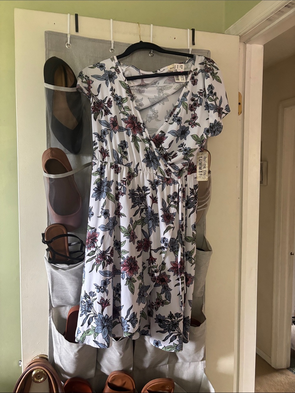 White Floral Surplice Dress with Tie Waist